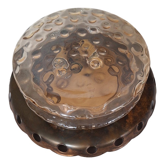 Vintage Ceiling Lamp with Patinated Brass Trim and Amber-Tinted Glass Shade, 1970s For Sale