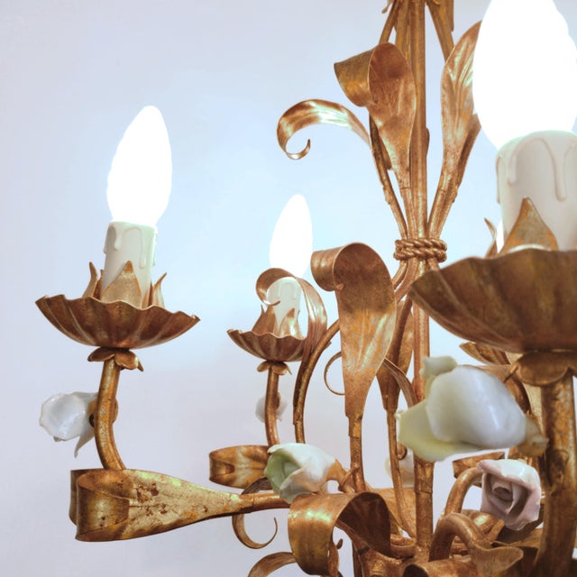 Vintage Hollywood Regency Florentine Five-Arm Metal Chandelier with Porcelain Flowers, 1970s For Sale - Image 16 of 18