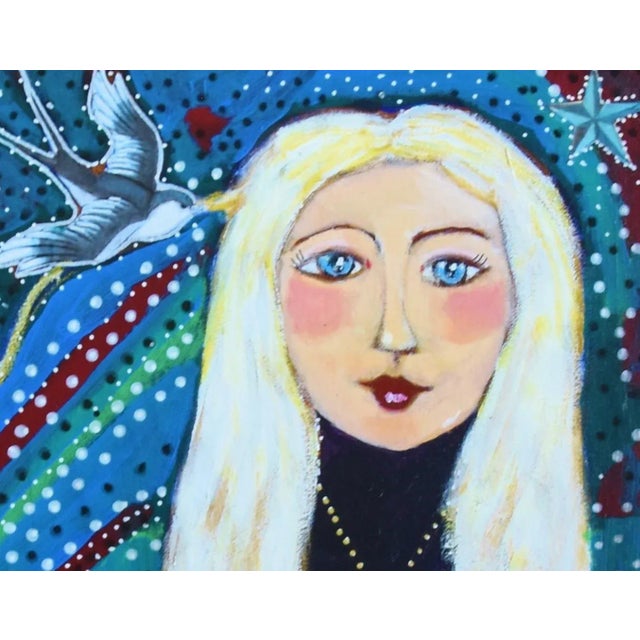 Blue French Blue-Eyed Mademoiselle W/ Long Blonde Hair and Bird Painting Including the Antiqued Gold Wood Frame For Sale - Image 8 of 10