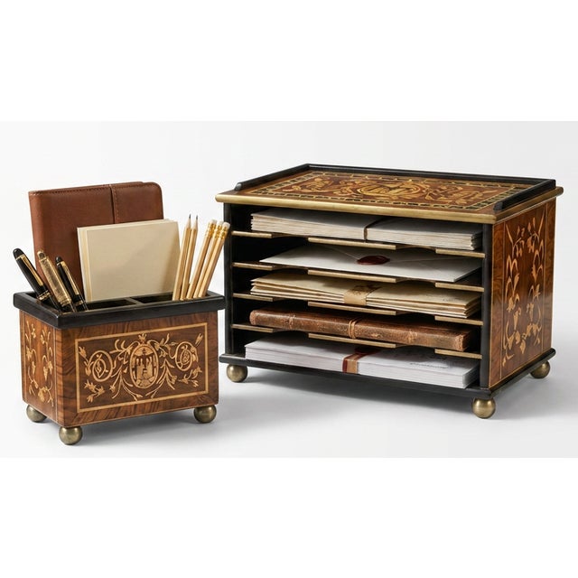 Elegant vintage executive desk organizer set crafted in lacquered wood with intricate marquetry-style decoration and...