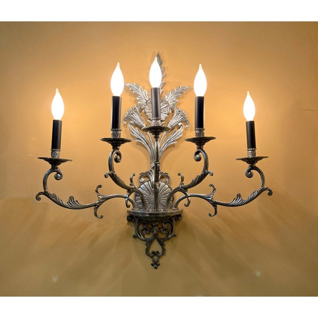 Vintage Large Five-Branch Nickel-Brass Ornate Wall Sconces - a Pair For Sale - Image 4 of 13