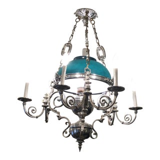 Antique Pewter and Green Glass Converted Oil Lamp Chandelier For Sale