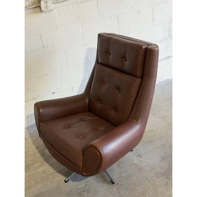 Brown Dark Brown Tufted Leather Swivel Lounge Chair Danish Mid-Century Modern 1970s For Sale - Image 8 of 9