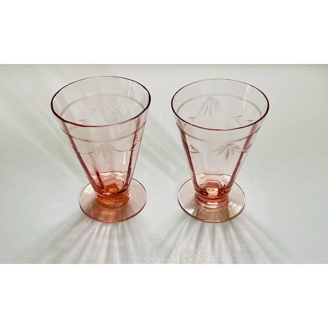 1930s Tiffin Franciscan Etched Pink Optic Glass Juice Glasses-a Pair For Sale In Jacksonville, FL - Image 6 of 10