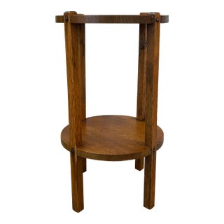 Likely Antique Mission Style Quarter Sawn Wooden Two-Tier Plant Stand or Side Table With Pegged Joints For Sale