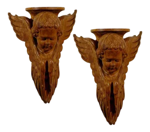 French 19th Century Wooden Wall Brackets with Carved Cherubs - A Pair