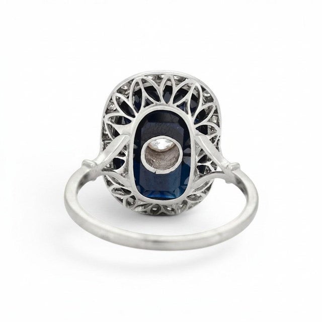Antique Art Deco Cocktail Ring — 10-15ct Natural Sapphire & Old-Cut Diamond, Size 9.5 For Sale - Image 6 of 7