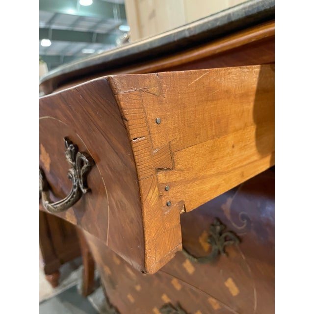 Wood Inlaid Wood Bombe Chest With Tan Marble Top For Sale - Image 7 of 9