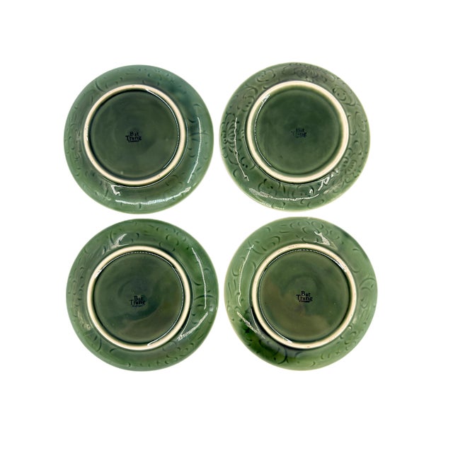 Bat Trang Vietnamese Ceramic Dessert/Salad Plates With Hand Painted Dragonflies and Celadon Green Hues - Set of 4 For Sale - Image 9 of 9