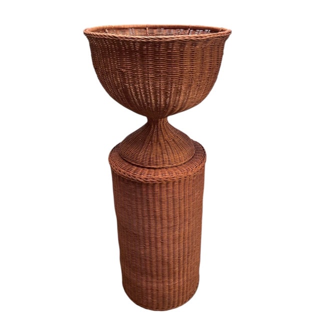 Wood Pair of Vintage Woven Wicker Urn Planters on Cylindrical Pedestals For Sale - Image 7 of 12