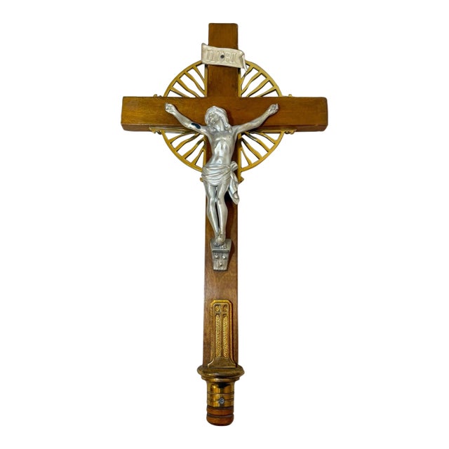 Large Vintage Church Used Wood Brass Ceremonial Processional Crucifix Cross For Sale