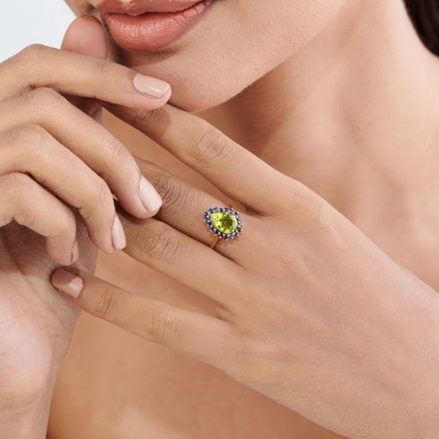 Not Yet Made - Made To Order Peridot Blue Sapphire Halo Green 14k Gold Ring Size 4, Fine Jewelry by VRJewels For Sale - Image 5 of 18