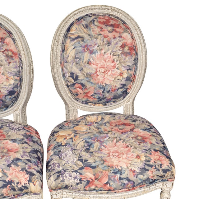 1980s French Style Shabby Chic Dining Chairs Floral Upholstery Distressed Crackle Finish - Set of 4 For Sale - Image 13 of 18