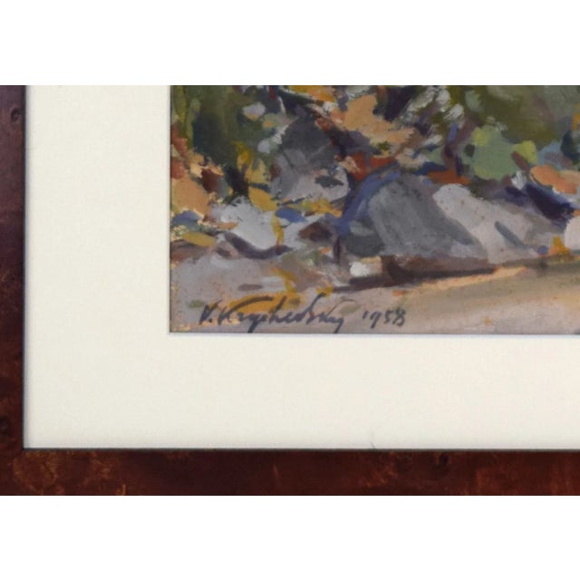 1950s Vintage Mid Century Impressionist Watercolor Landscape Painting 1958 For Sale - Image 5 of 7