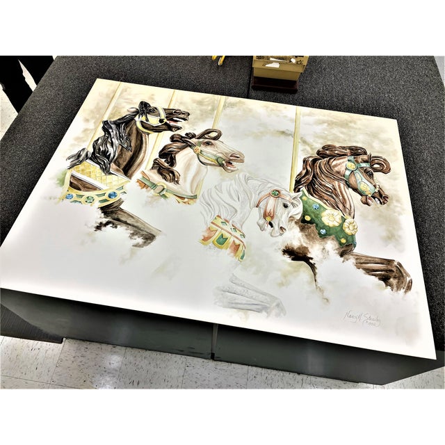 1980s Hershey Park Carousel Horses Framed Watercolor, by Nancy Strailey, 44"x32.5" For Sale In Boston - Image 6 of 8