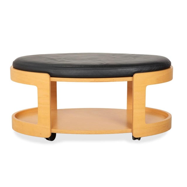 Wood and Black Leather Arion Ottoman with Wheels from Stressless For Sale - Image 10 of 12