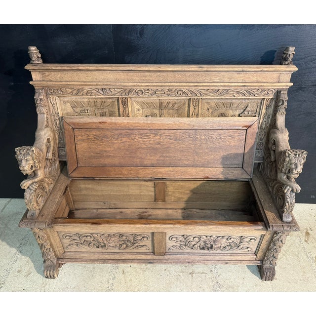 Wood Antique French Carved Oak Bench with Tavern Scene, 1850 For Sale - Image 7 of 18