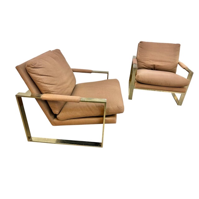 Elevate your space with this stylish pair of vintage circa 1980s Thayer Coggin lounge chairs, showcasing sleek flat bar...