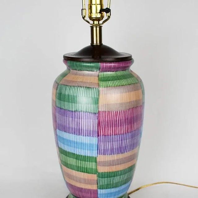 A beautiful tall vintage colorful ceramic table lamp by Frederick Cooper. This beauty sits upon a wooden chinoiserie style...
