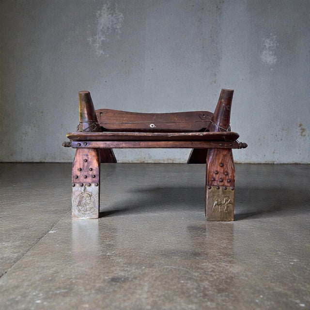 Coffee Antique Egyptian Camel Saddle Stool – Handcrafted Wood & Brass, Tribal Decor For Sale - Image 8 of 8