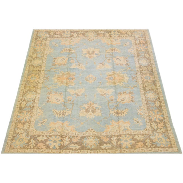 Modern 2010s Handmade Modern Turkish Blue Wool Rug With Floral Field For Sale - Image 3 of 7