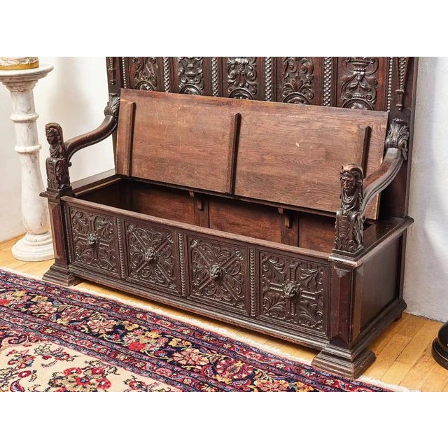 Black Neo-Renaissance Carved Oak Bench For Sale - Image 8 of 11