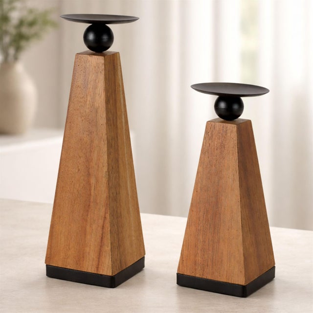 Modern Tapered Wood Candle Holder (Set of 2) For Sale - Image 3 of 5