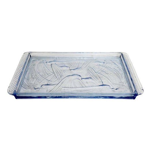 Art Deco Style Blue Glass Tray with Bird Motif, France, 1940s For Sale