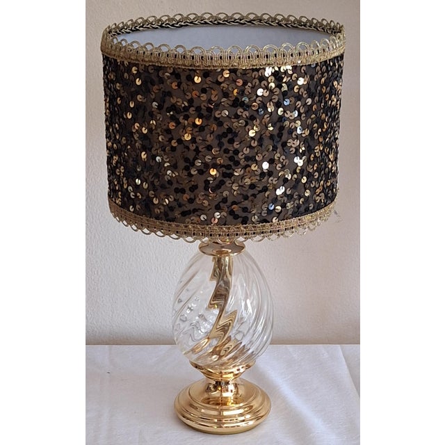 Vintage Table Lamp with Twisted Crystal Glass Base in Brass Mounting and Sequined Shade from Lamplove, 1980s For Sale - Image 6 of 10