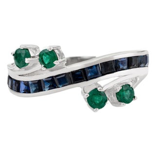 925 Sterling Silver Emerald & Blue Sapphire Channel-Set Band Ring - Size 7 For Sale