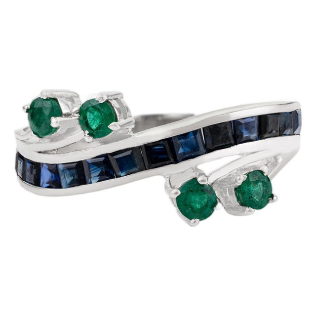 925 Sterling Silver Emerald & Blue Sapphire Channel-Set Band Ring - Size 7 For Sale