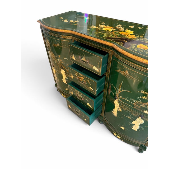Vintage Chinese Green Lacquered Serpentine Credenza / Sideboard With Soapstone Inlay For Sale In West Palm - Image 6 of 12