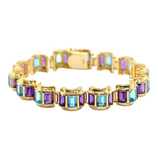 Vintage 14k Gold Scalloped Blue Topaz and Amethyst Bracelet For Sale