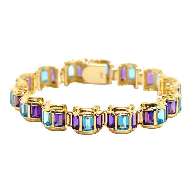 Vintage 14k Gold Scalloped Blue Topaz and Amethyst Bracelet For Sale