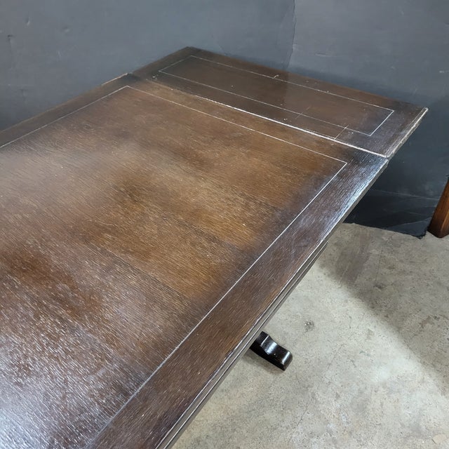 Mid 20th Century English Oak Trestle Base Drawerleaf Dining Table For Sale - Image 9 of 9