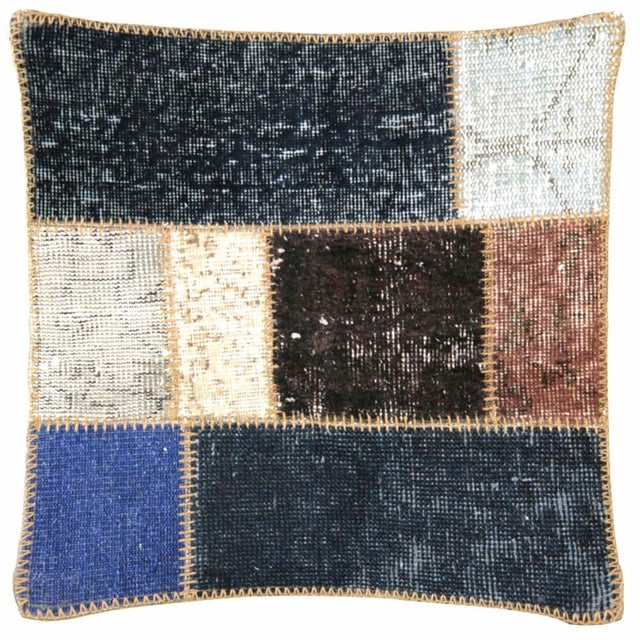1960s Turkish OverDyed Patchwork Pillow. Hand stitched from remnants of hand made Turkish OverDyed Oushak Rugs. Fiber...