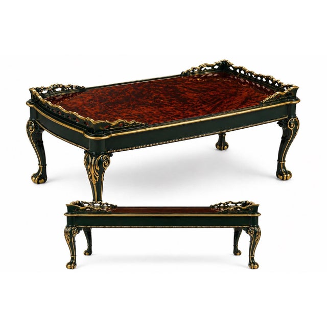 Vintage Carved Coffee Table With Bookmatched Mahogany Veneer Top, Deep Emerald Green Lacquer & Gold Gilded Accents — Glass Insert For Sale - Image 4 of 4