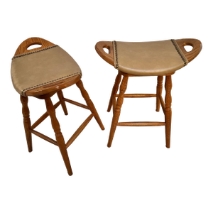 Vintage Swivel Amish Wooden Saddle Stools 27” - A Pair