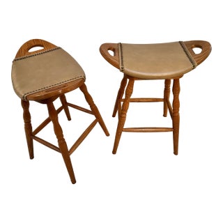 Vintage Swivel Wooden Saddle Stools 27” - A Pair For Sale