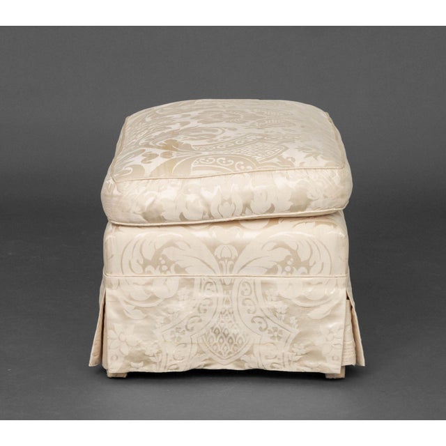 Wood Modern White Silk Damask Upholstered Ottoman For Sale - Image 7 of 8
