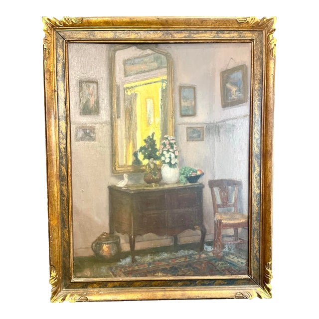 1930s Painting Scene "Parisian Interior" Signed Martin-Sauvaigo, France Oil Painting on Wood Panel For Sale