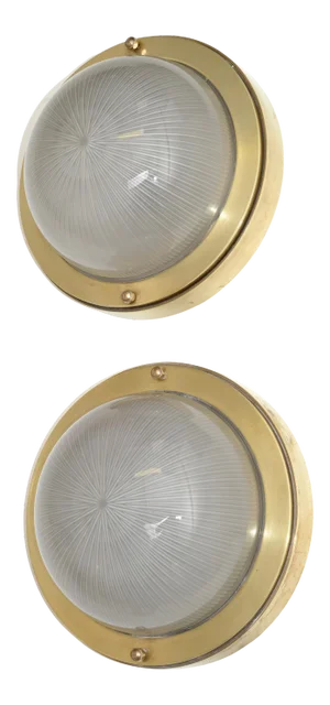 French Mid-Century Modern Holophane Glass Shade & Bronze Sconces Wall Light, Pair