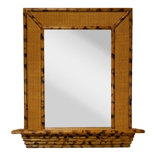 Vintage Coastal Bamboo & Rattan Wall Mirror With Shelf For Sale