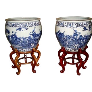 Chinese Exquisite Monumental 19th c.Blue White Porcelain Jardinieres Urns Fish Bowls-8 Immortals on Wood Stands - a Pair-Connoisseur Provenance For Sale