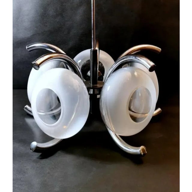 Goffredo Reggiani Style Italian Opaline Glass and Steel Chandelier For Sale - Image 4 of 13
