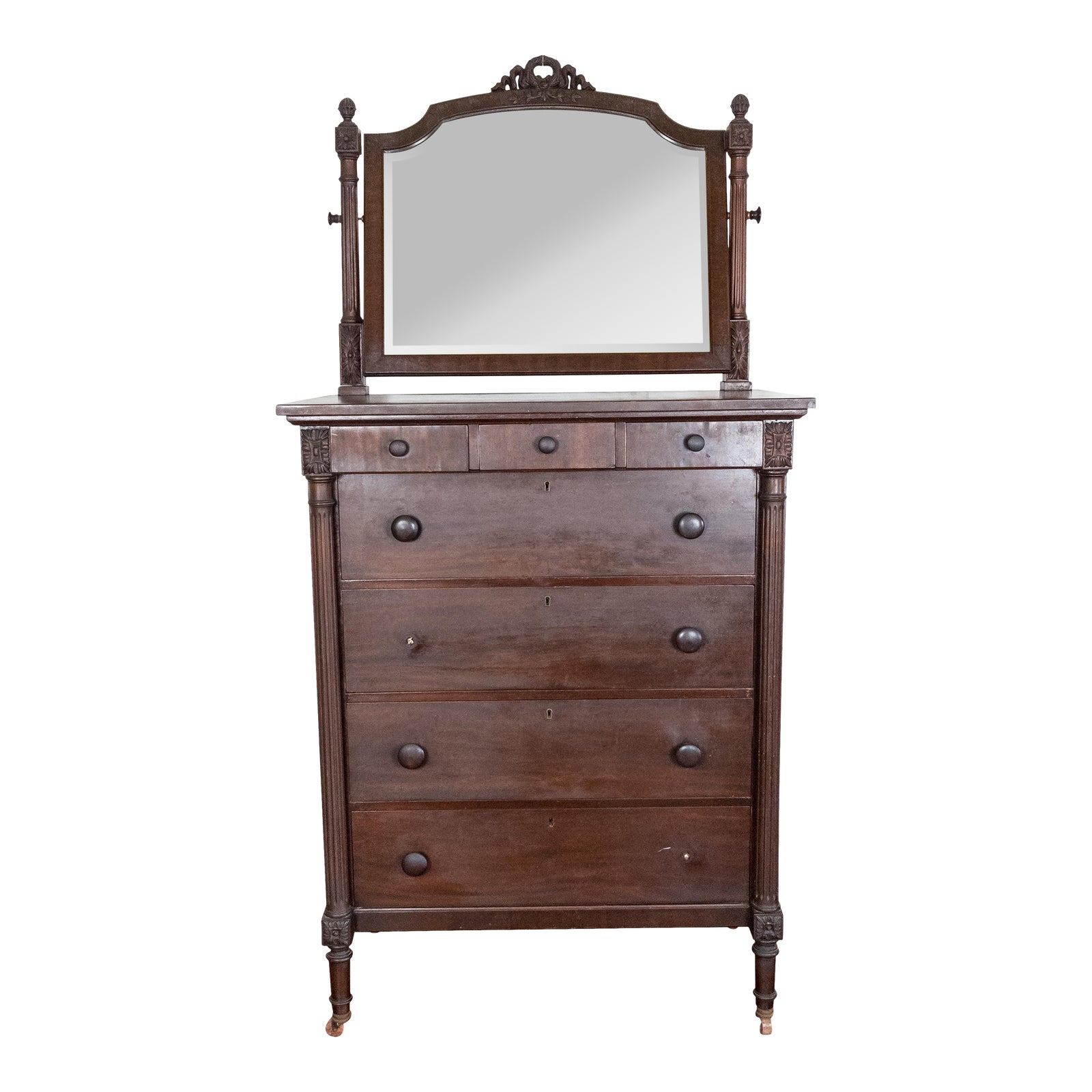 1800s Antique Tallboy Dark Wood Dresser With Beveled Mirror Chairish