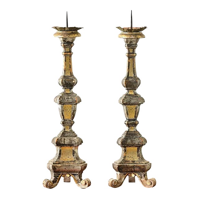 16th Century Italian Gilt Cathedral Altar Candlesticks - A Pair For Sale