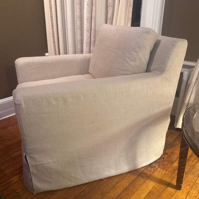 Pair Restoration Hardware Belgian Slipcovered Square Arm Lounge Chairs Linen Skirted For Sale - Image 9 of 9
