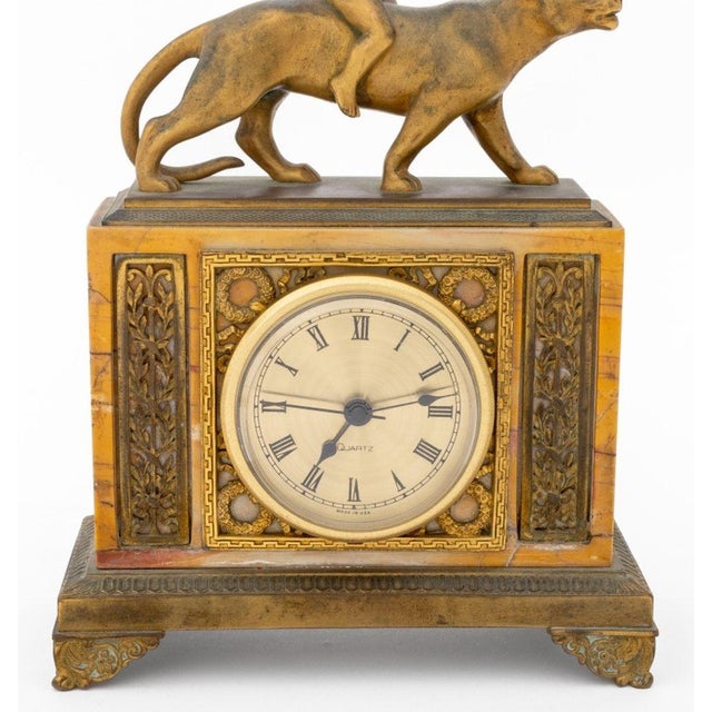 French French Empire Style Cupid Riding Panther Gilt Metal and Marble Mantel Clock For Sale - Image 3 of 7