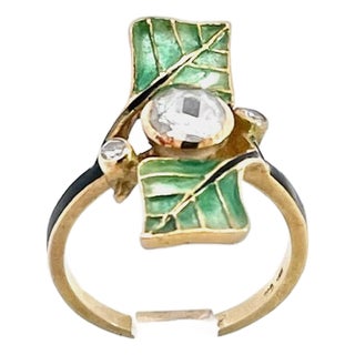 1930s Art Nouveau Diamond and Plique a Jour Ring, Size 6 For Sale